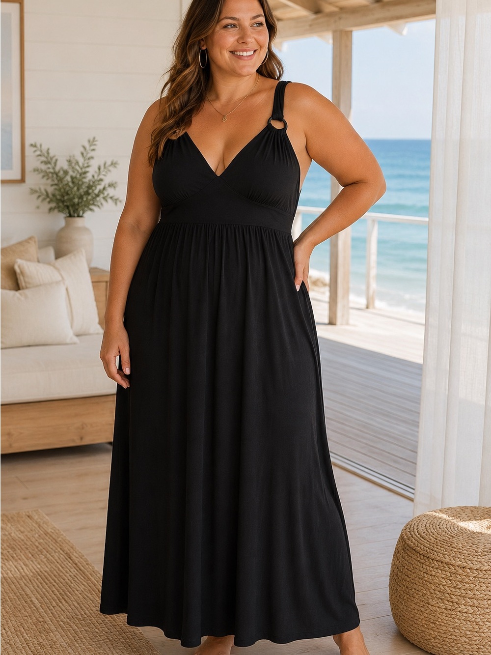 Tiana B. Black V-Neck Ring-Shoulder Maxi Dress